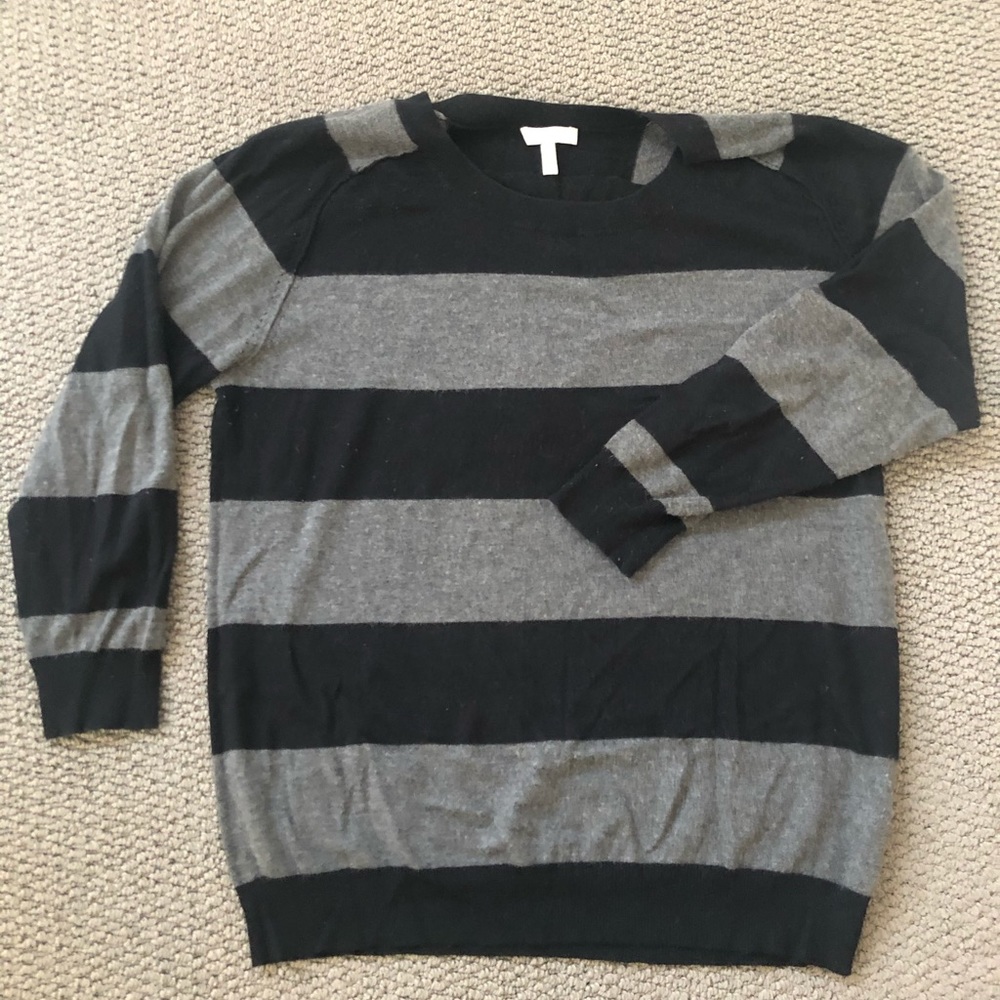 Striped black and grey .